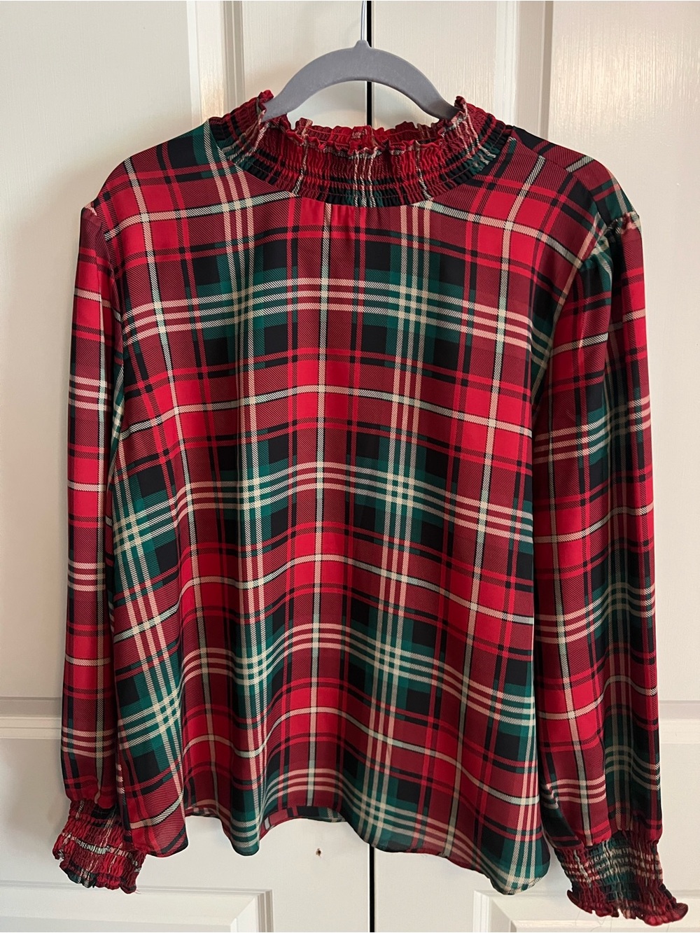 Plaid Smocked Neck Long Sleeve Top - Red